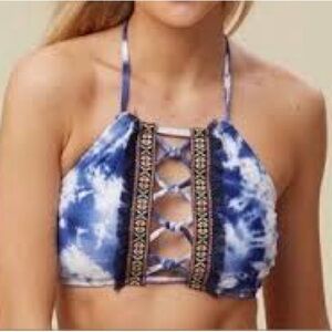 Altar’d State Embroidered Blue Tie Dye Halter Bikini Top Size Medium NWOT